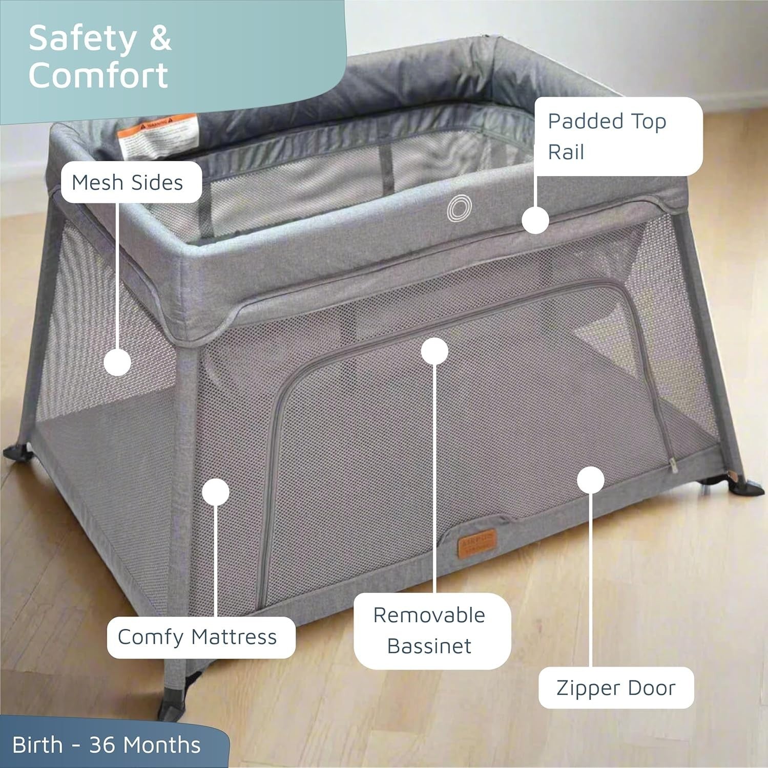 Travel Cot Playpen Lightweight Foldable Baby Bed with Mattress & Storage Grey