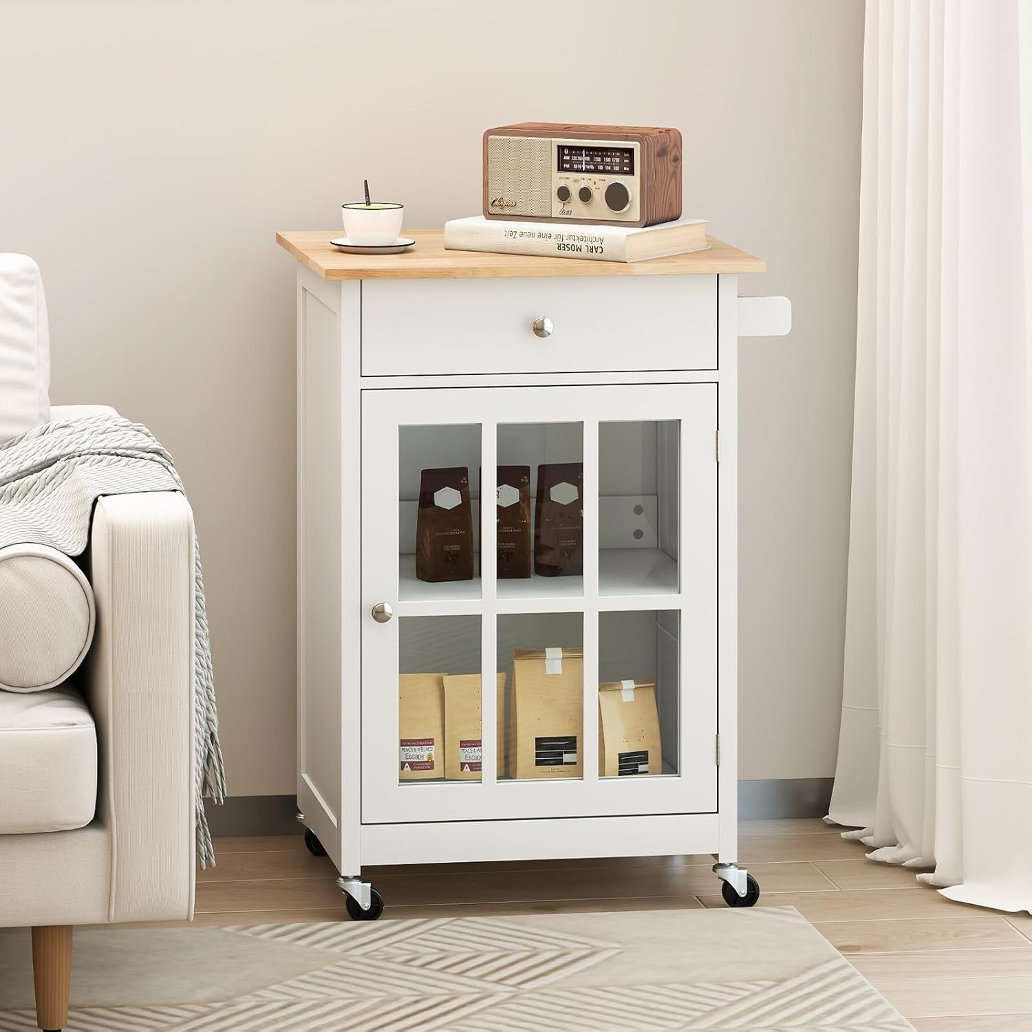 Kitchen Island on Wheels Rubber Wood Top Cabinet
