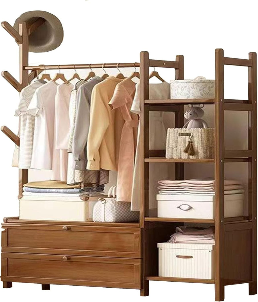Bamboo Open Wardrobe Clothes Shelf with Drawers & Hooks 100cm