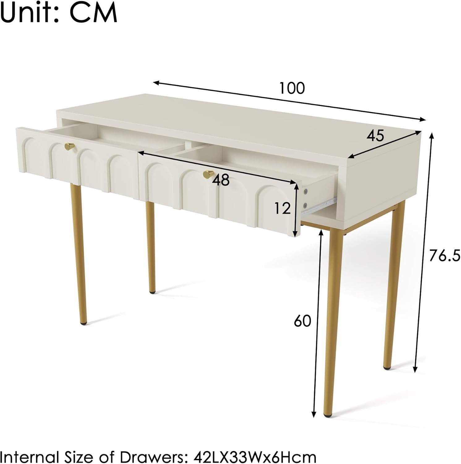 Modern Cream White Dressing Table Vanity Wood Top 2 Drawers Compact Makeup Desk