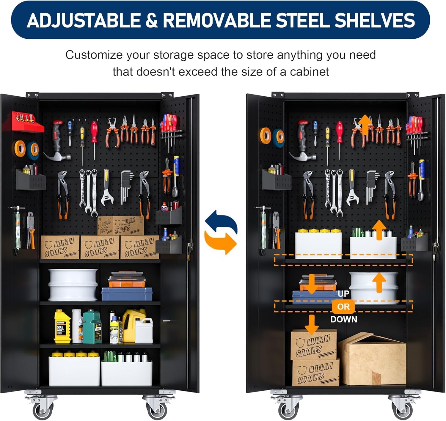 Tall Metal Storage Cabinet with Wheels 4 Shelves Lockable Pegboard Garage