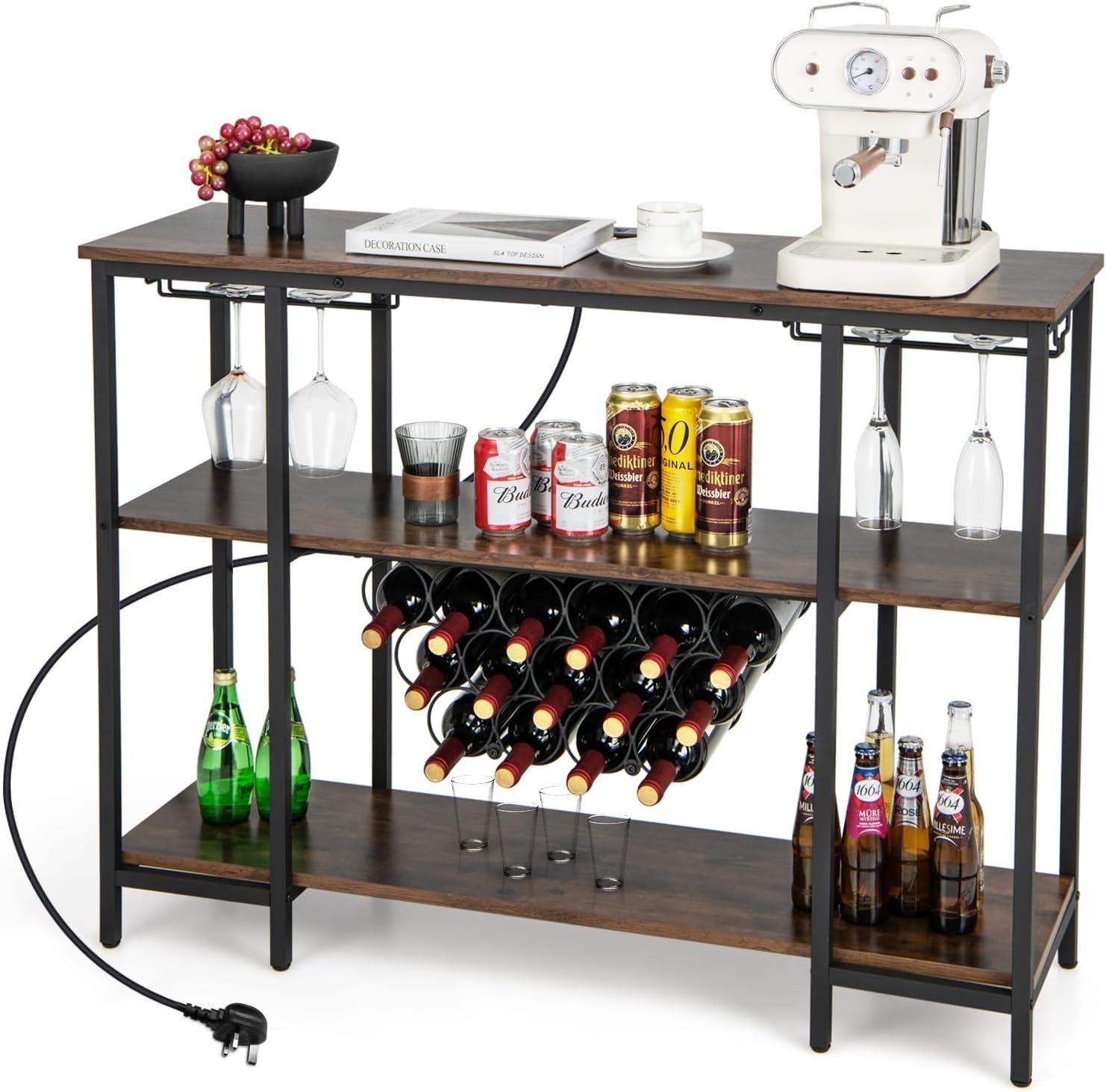 Wine Bar Cabinet with Tabletop, 15 Bottle Rack, Shelves, USB & AC Charging Ports