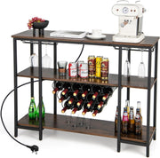 Wine Bar Cabinet with Tabletop, 15 Bottle Rack, Shelves, USB & AC Charging Ports