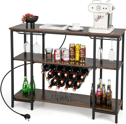 Wine Bar Cabinet with Tabletop, 15 Bottle Rack, Shelves, USB & AC Charging Ports