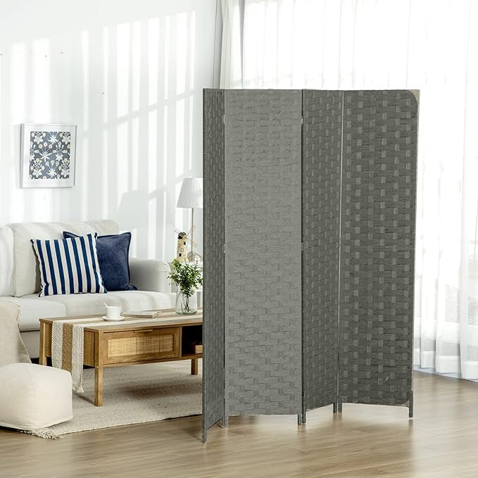4 Panel Folding Room Divider – Grey Woven Privacy Screen for Bedroom