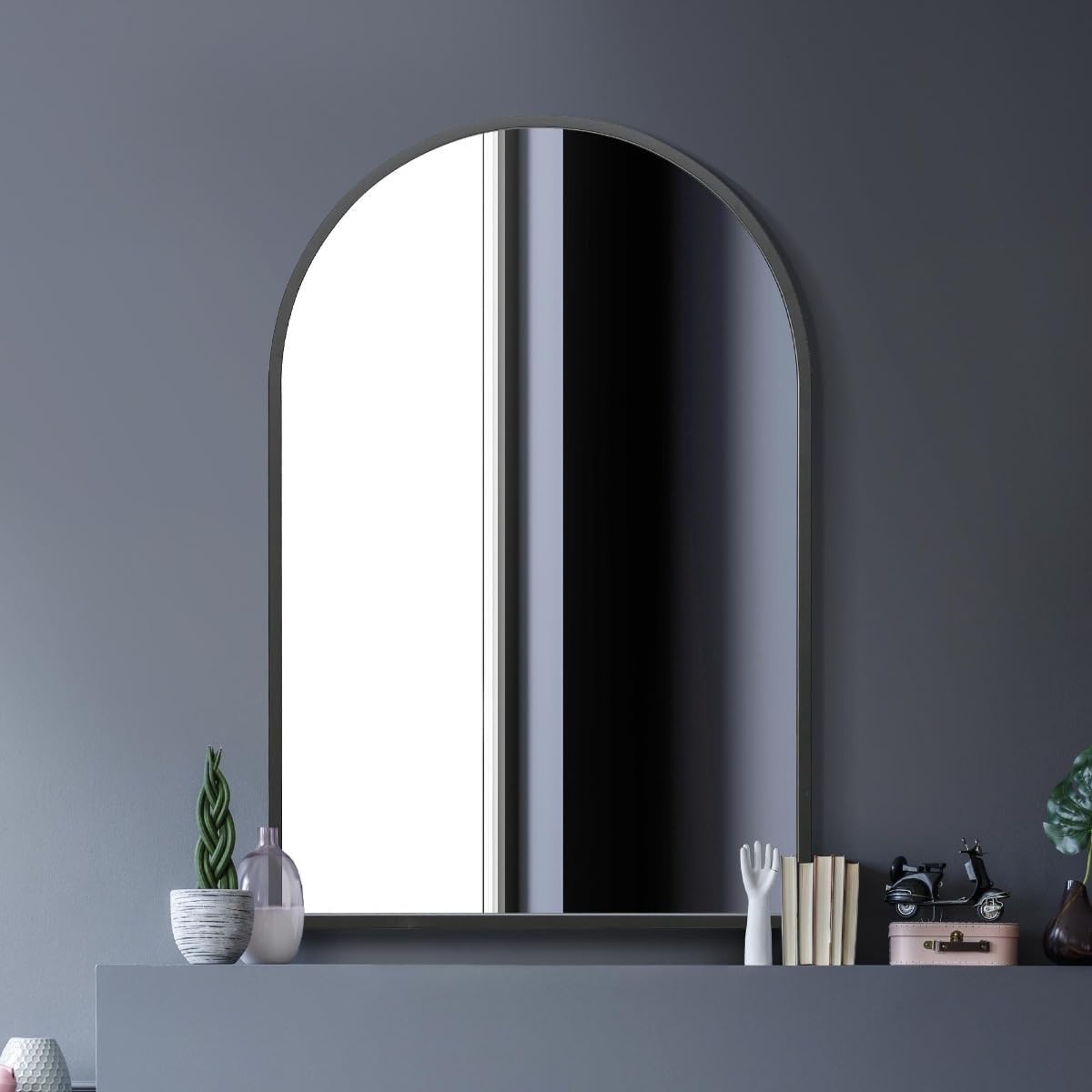 Large Black Metal Arched Wall Mirror 120x80 cm, Indoor & Outdoor