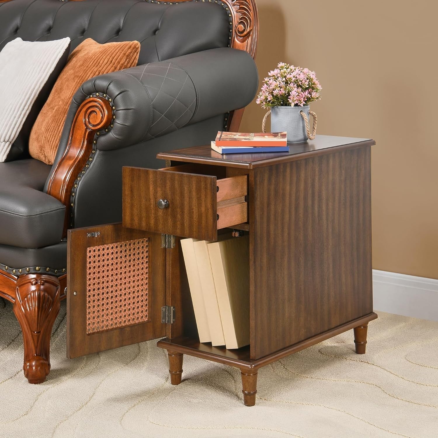 Solid Wood Walnut End Table with Drawer & Cabinet – Vintage Slim Bedside Table