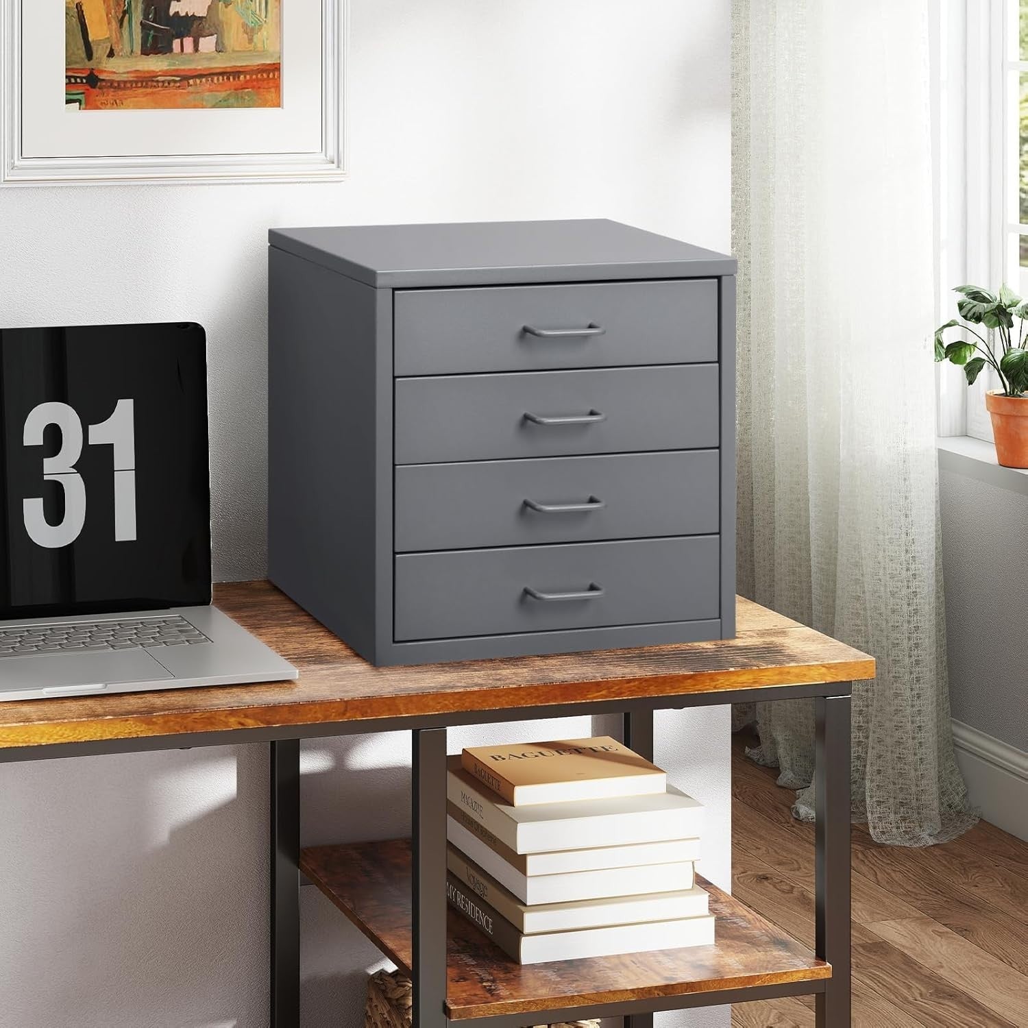 Grey Desktop A4 File Cabinet 4 Drawer Metal Office Storage Organizer