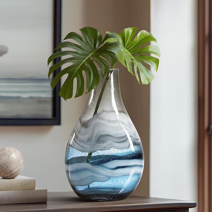 Blue Hand Blown Glass Vase 36cm Tall Modern Coastal Table Centerpiece