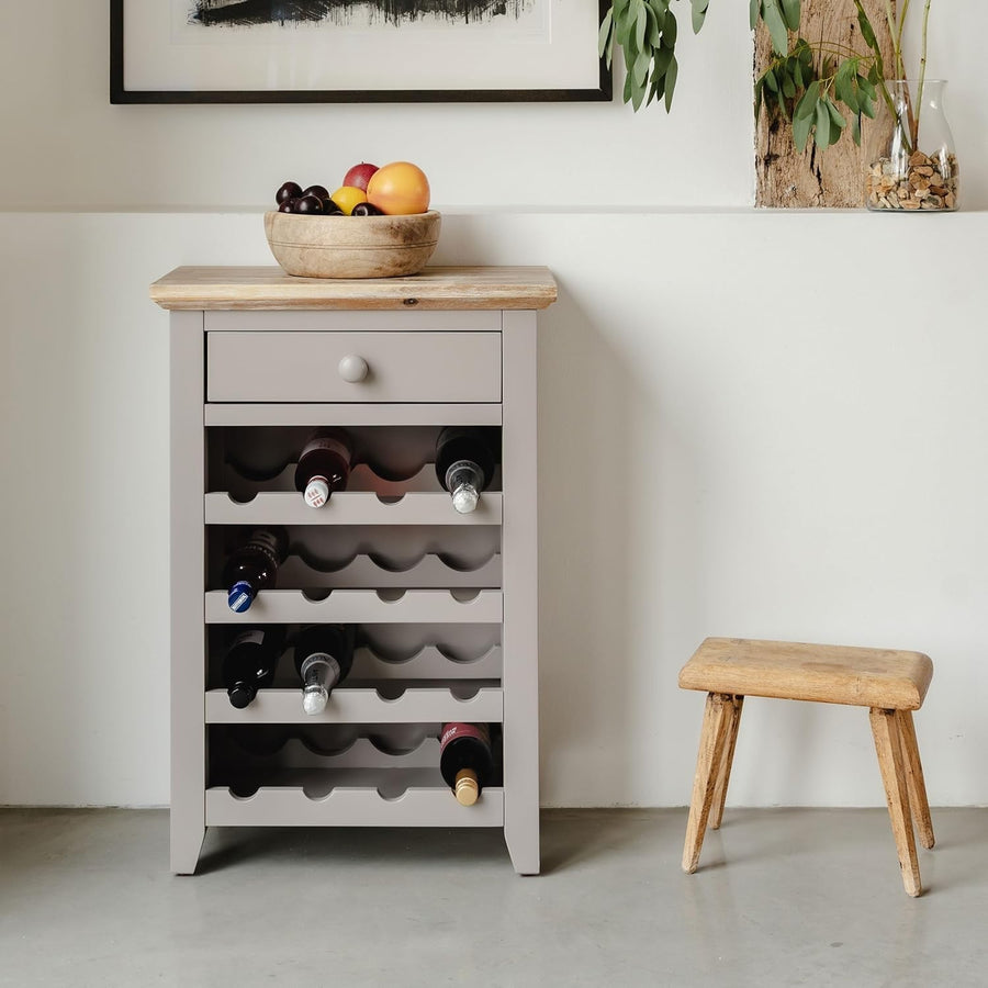 Dove Grey Wine Rack Side Cabinet with Drawer | Holds 16 Bottles Wood Console