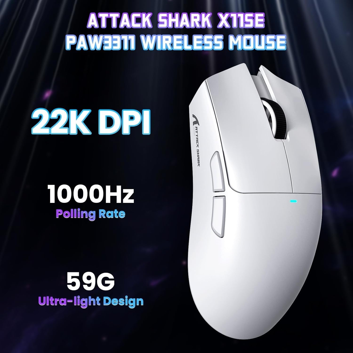 Wireless Gaming Mouse 22000 DPI 65H Battery BT 2.4G USB White