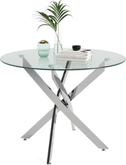 Round Dining Table 100cm Chrome Legs Tempered Glass Modern Kitchen