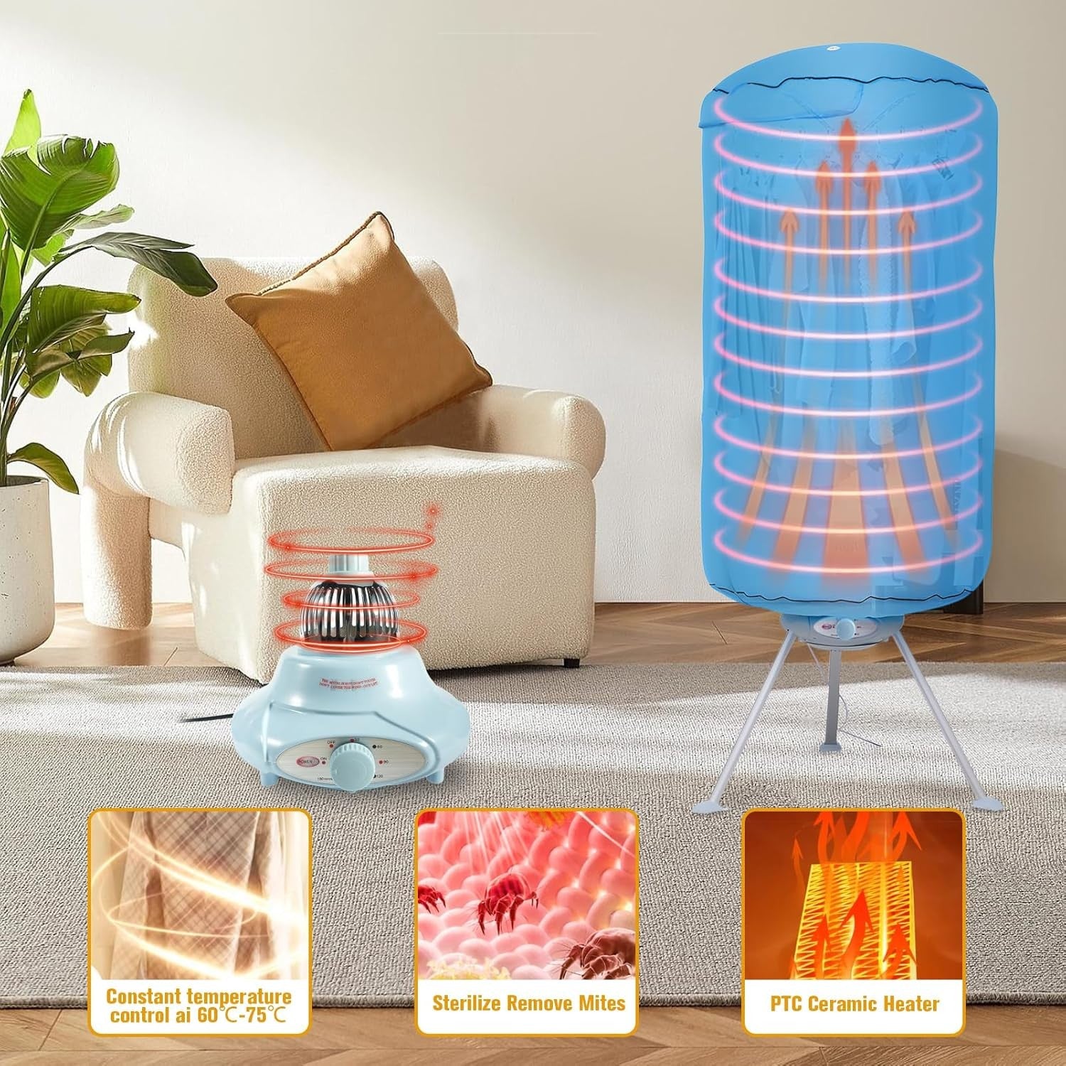 Heated Clothes Dryer 1000W 2 Tier Portable Drying Rack with Cover Timer