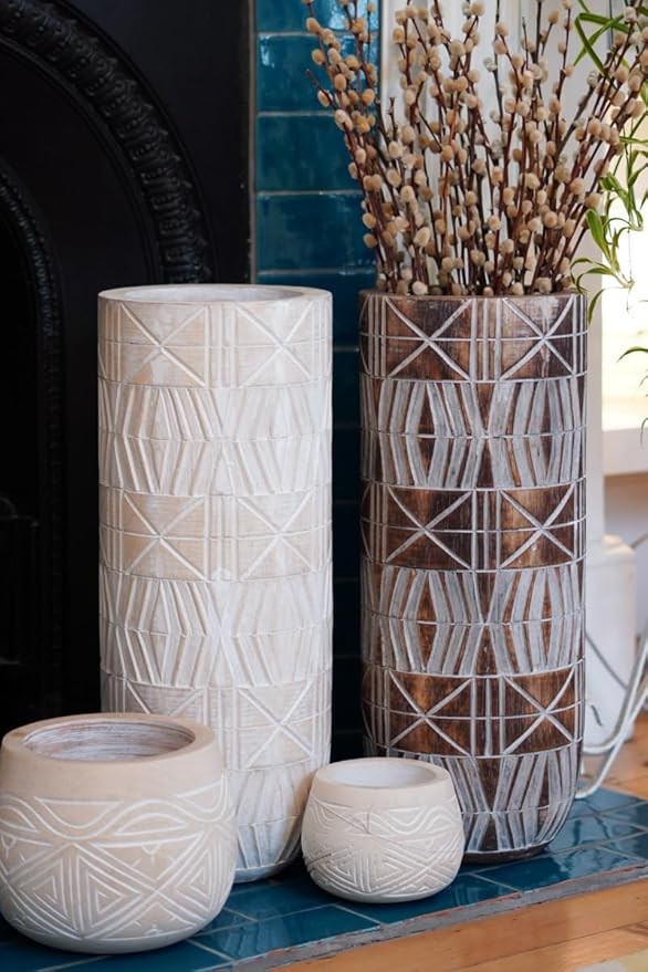 Tall Brown Wooden Floor Vase 50cm Handmade Tribal Boho Decor for Pampas