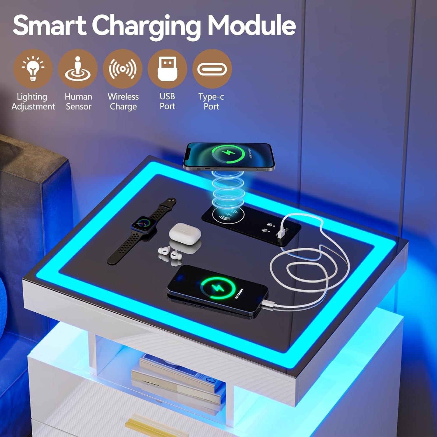 White LED Bedside Table with Wireless Charging, Glass Top & 3 Drawer Storage