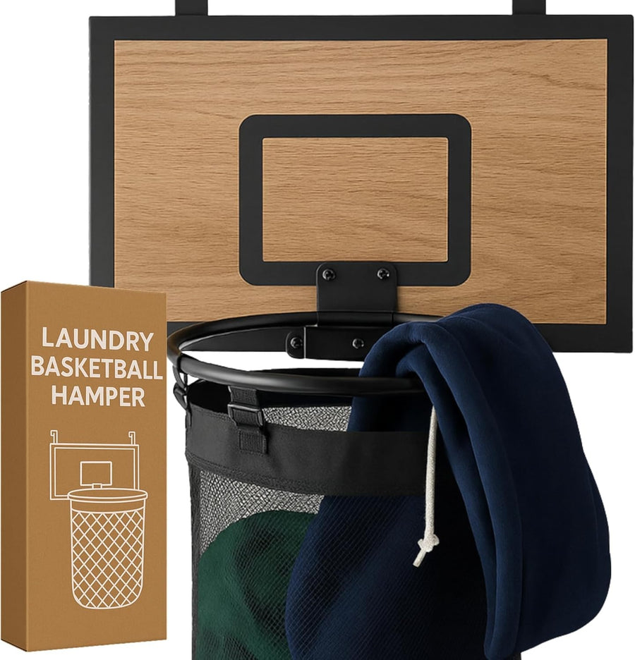 Over-Door Basketball Laundry Hamper Cedarwood Hoop Large Foldable Clothes Basket