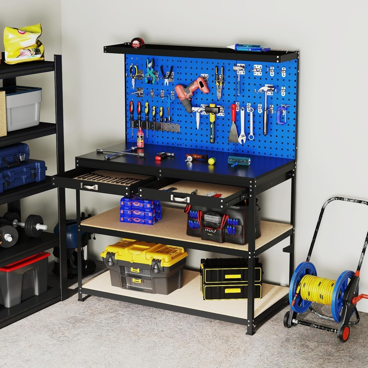 Heavy Duty Garage Workbench with Pegboard Drawers Hooks Tool Station 121x61