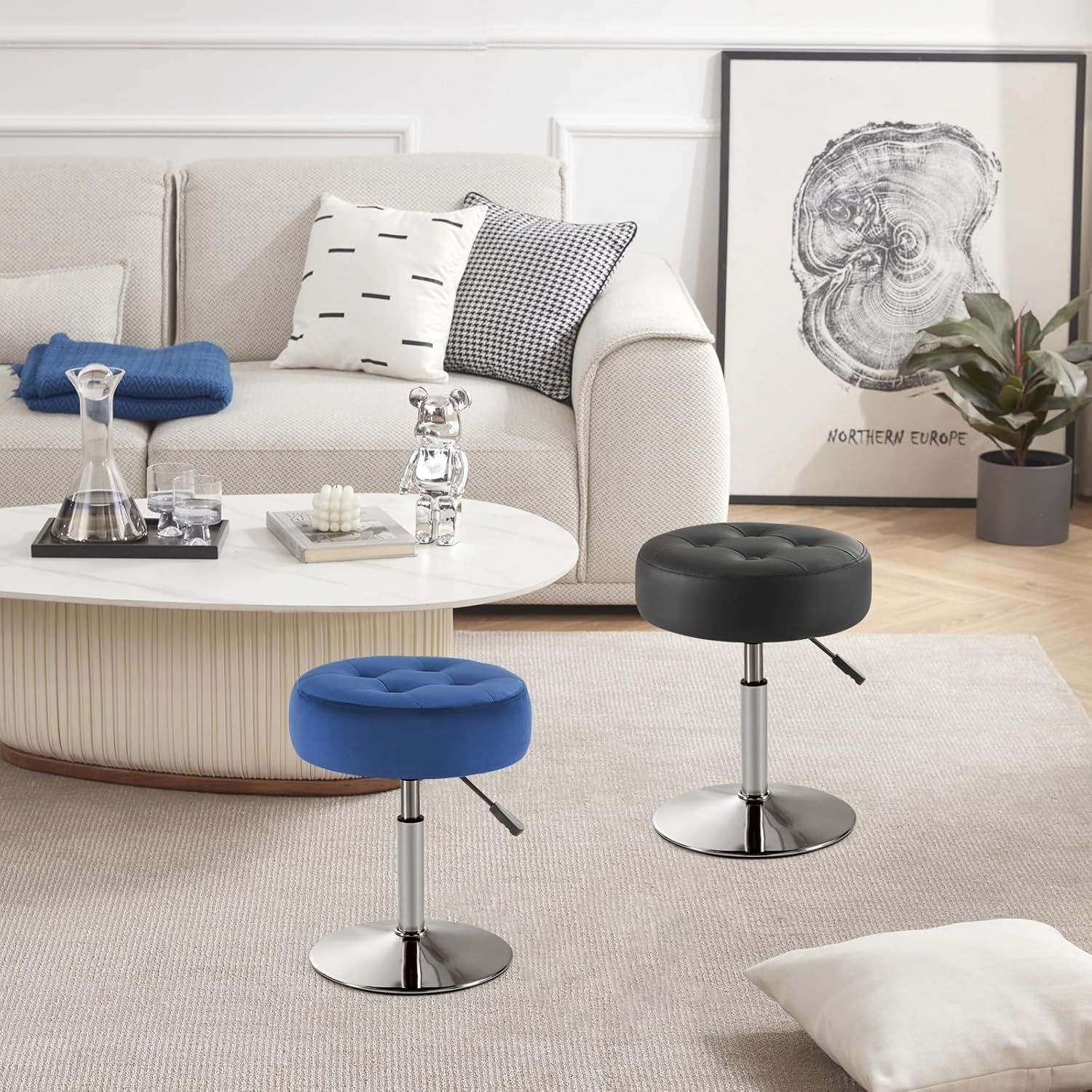 Black PU Leather Vanity Chair – Adjustable Round Swivel Makeup Stool