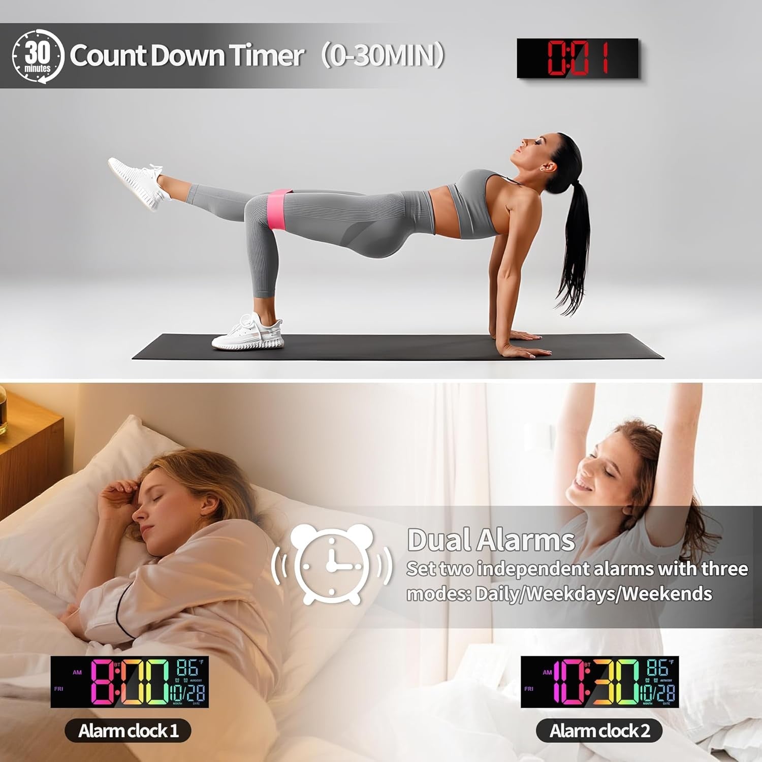 16.5" Large Digital Wall Clock RGB LED Display Temp Date Alarms Remote Sync