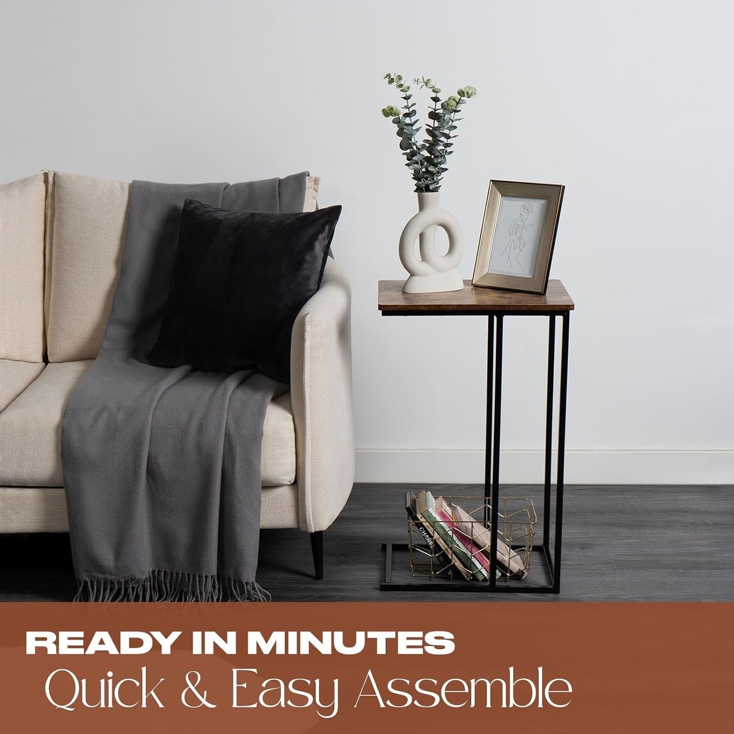 C-Shaped Dark Wood Sofa Side Table – Space-Saving End Table with Storage