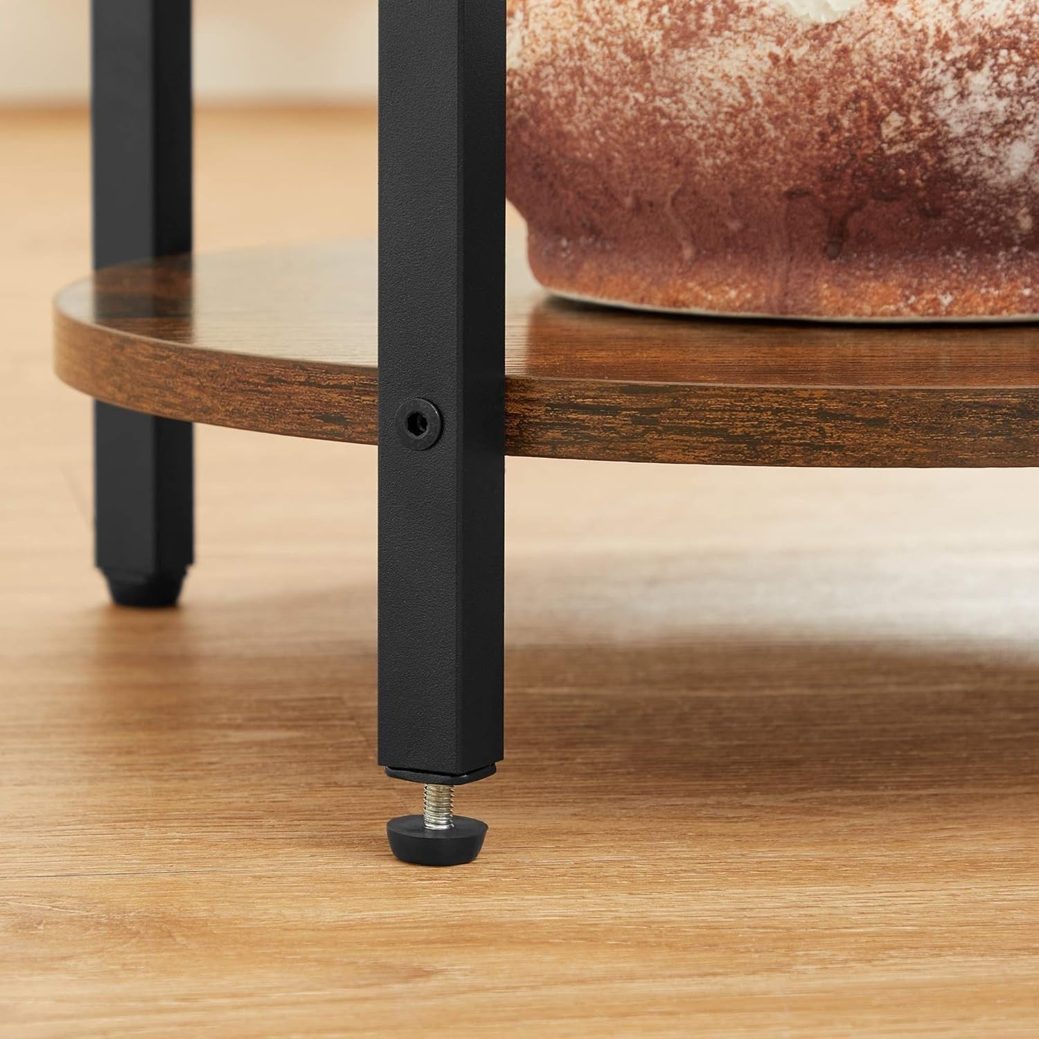 Round 3-Tier Side Table Rustic Brown Black Steel Frame Small Coffee End Table