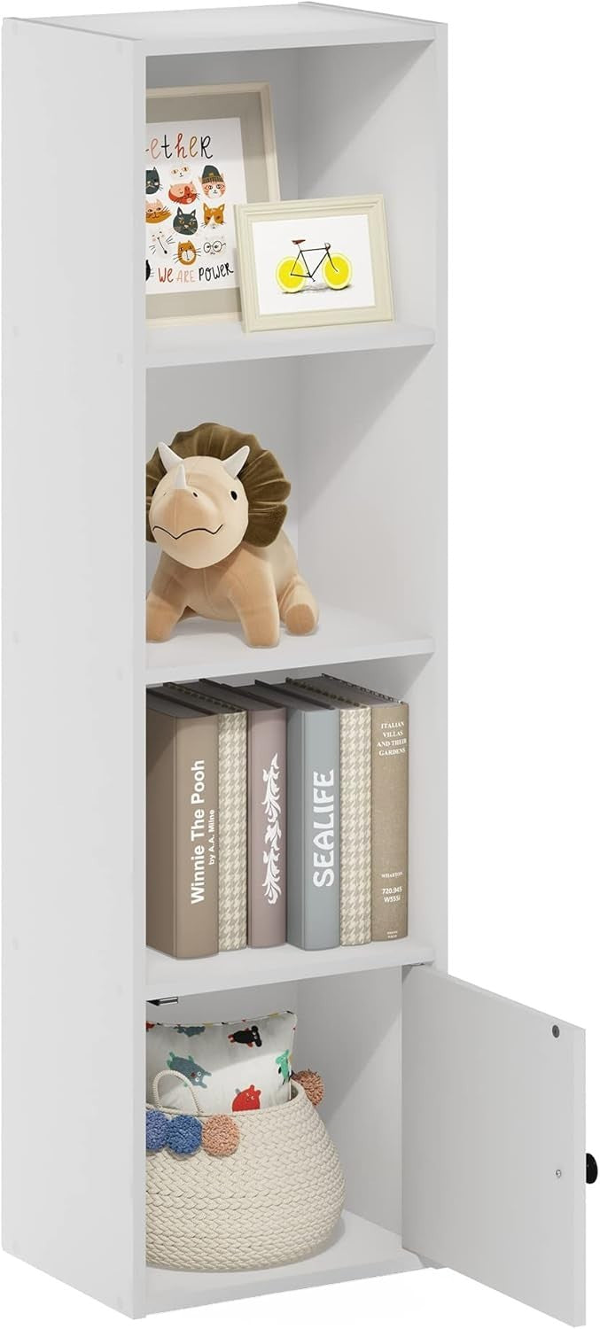 Modern 4-Tier White Bookshelf with 1 Door Cabinet Durable Storage Shelf