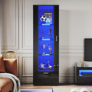 Tall Black Gloss LED Display Cabinet 187cm Modern Showcase Unit with Glass Shelv