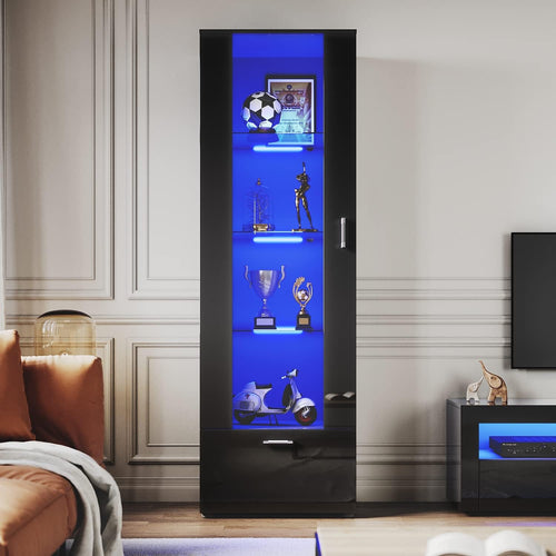 Tall Black Gloss LED Display Cabinet 187cm Modern Showcase Unit with Glass Shelv