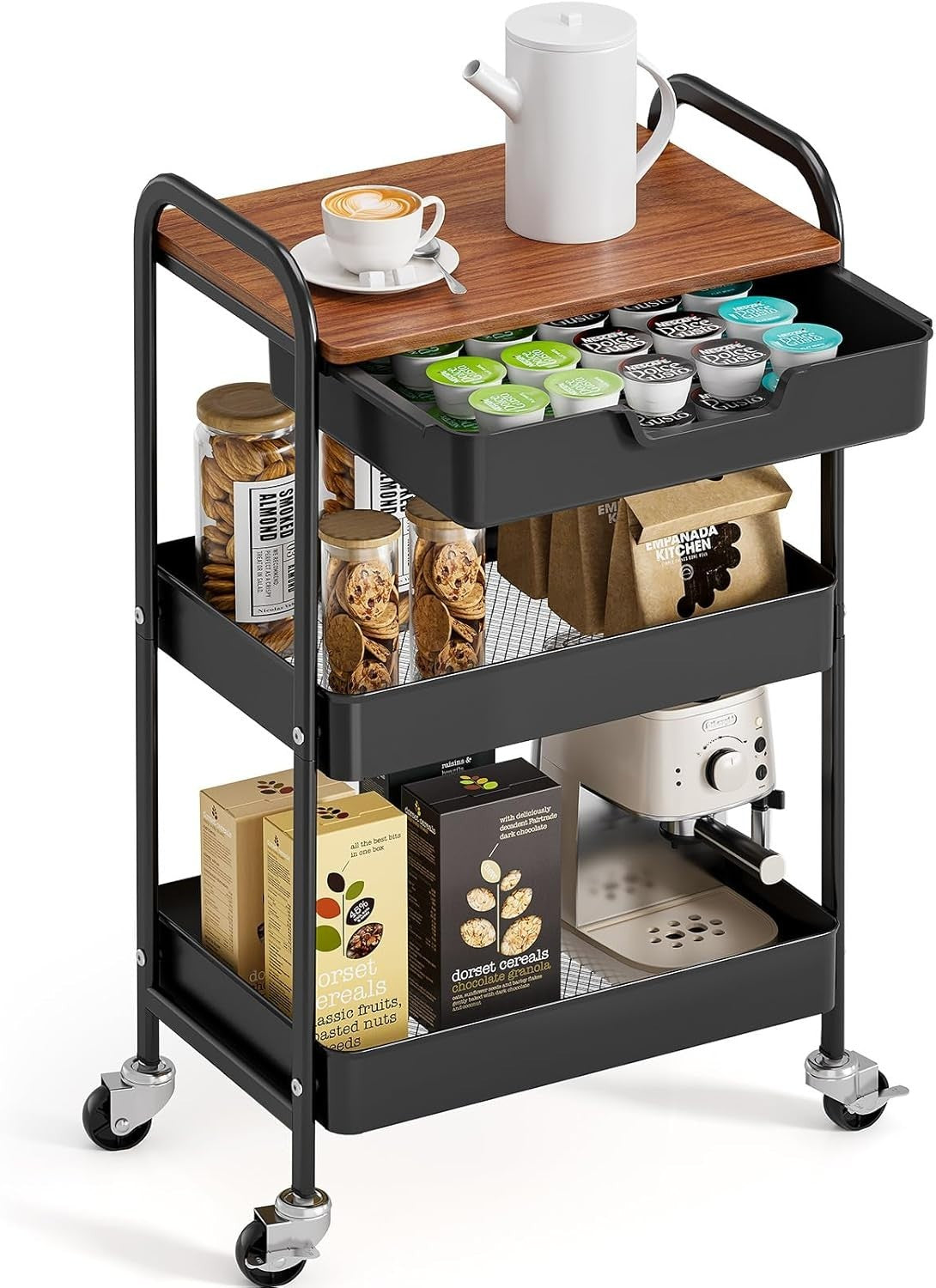 Black 3 Tier Storage Trolley on Wheels w/ Drawer