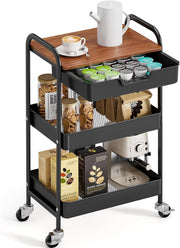 Black 3 Tier Storage Trolley on Wheels w/ Drawer
