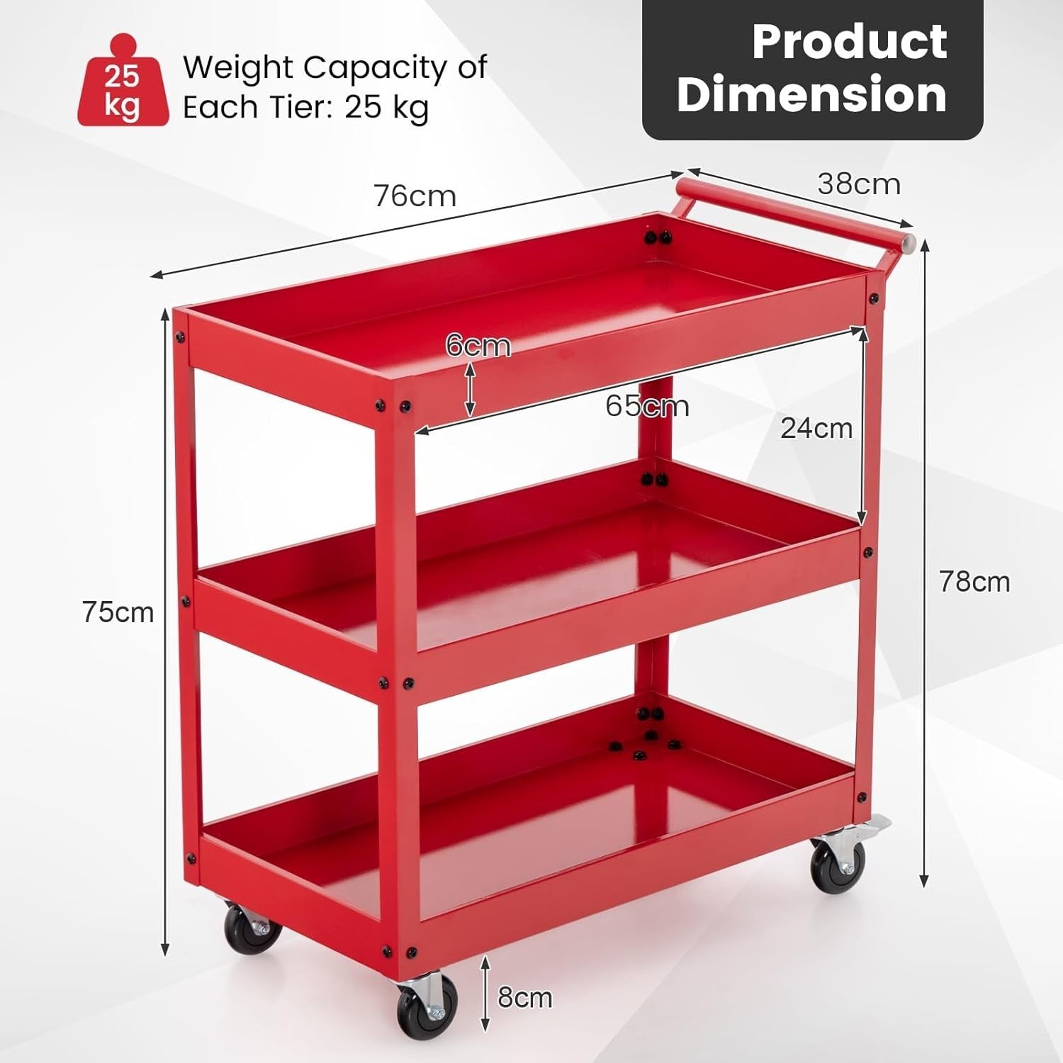 3 Tier Heavy Duty Tool Trolley Rolling Utility Storage Cart Red