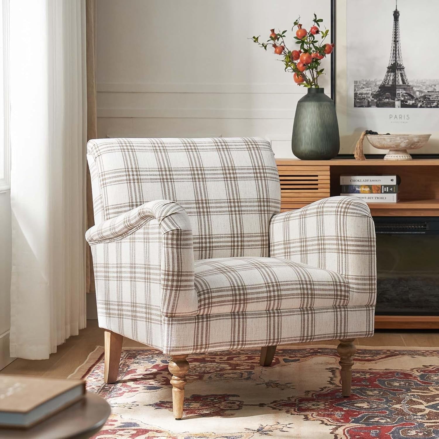 Plaid Armchair Lounge Chair Comfy Upholstered Seat Wood Legs Living Room