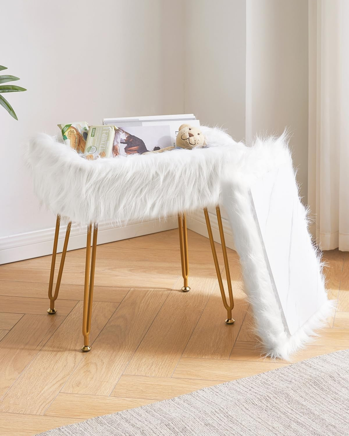 White Rectangular Faux Fur Vanity Stool with Storage & Gold Metal Legs