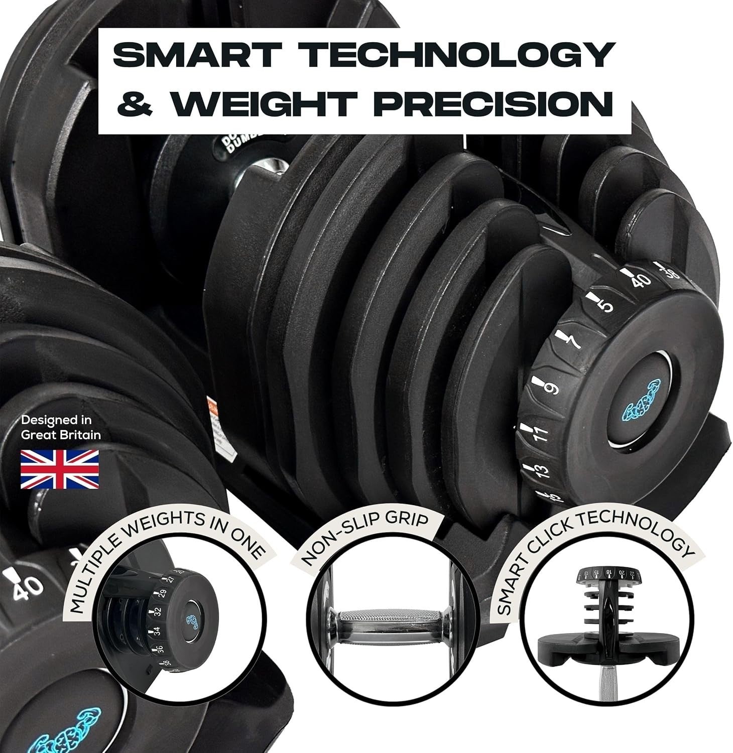 Smart Click Adjustable Dumbbells Pair 5–40kg With Stand Anti Slip