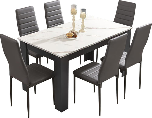 Modern White Marble Dining Table Set with 6 Grey PU Leather Chairs 140cm