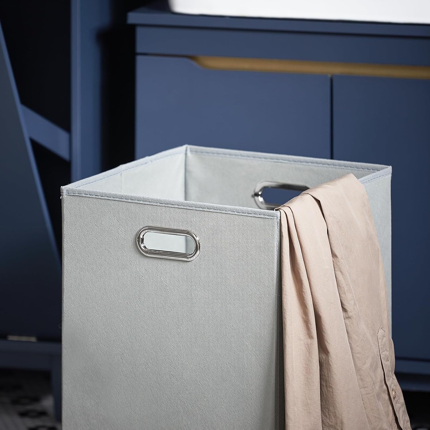 Slim Bathroom Laundry Cabinet with Fold Out Basket Drawer Storage Blue