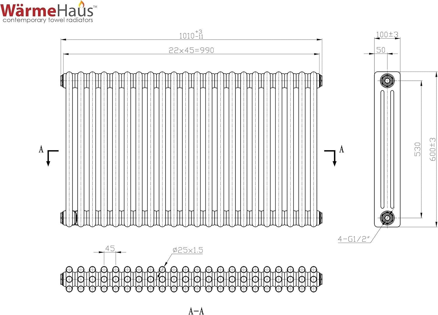Triple Column Horizontal Radiator 600x1010mm White Cast Iron Style