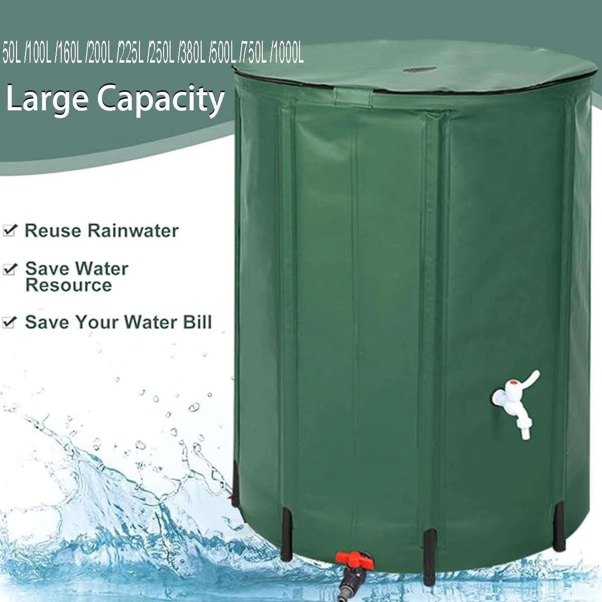 Collapsible 380L Rainwater Barrel with Tap & Mesh Top, Portable Garden Storage
