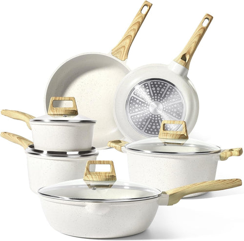 10pcs White Granite Non Stick Induction Safe Cookware Set Ceramic Pots Pans