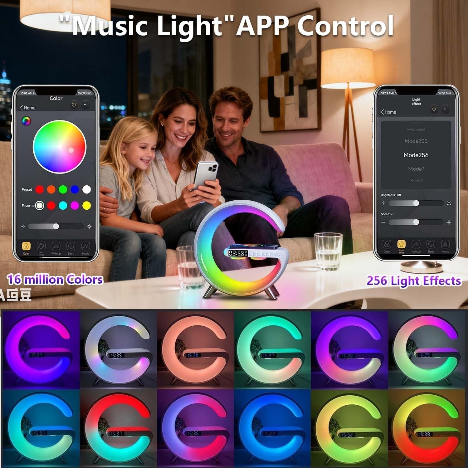 White RGB G-Shape Wireless Charger Lamp 15W Bluetooth Speaker Alarm Clock