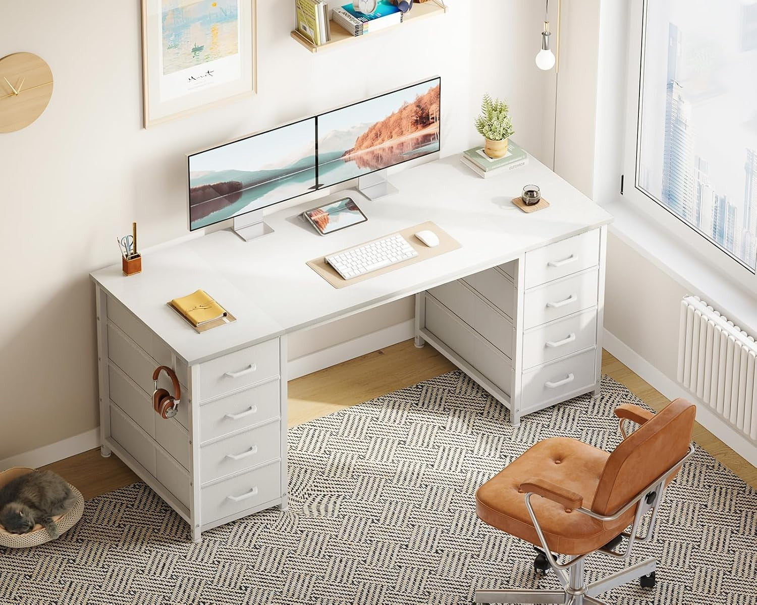 White 140x48cm Computer Desk with 8 Drawers, Modern Study & Office Table