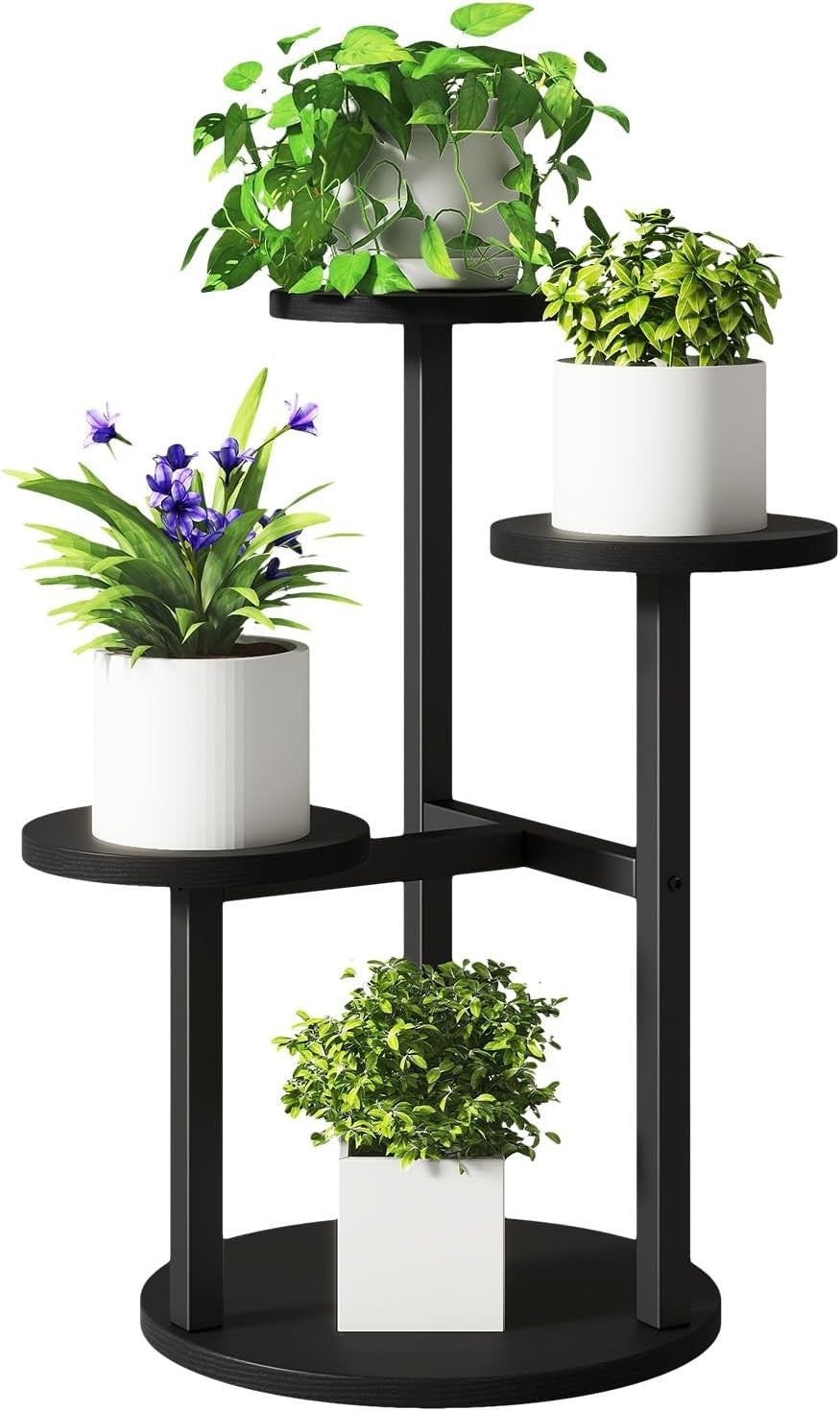 4 Tier Black Metal Wood Plant Stand | Modern Indoor Corner Flower Pot Shelf