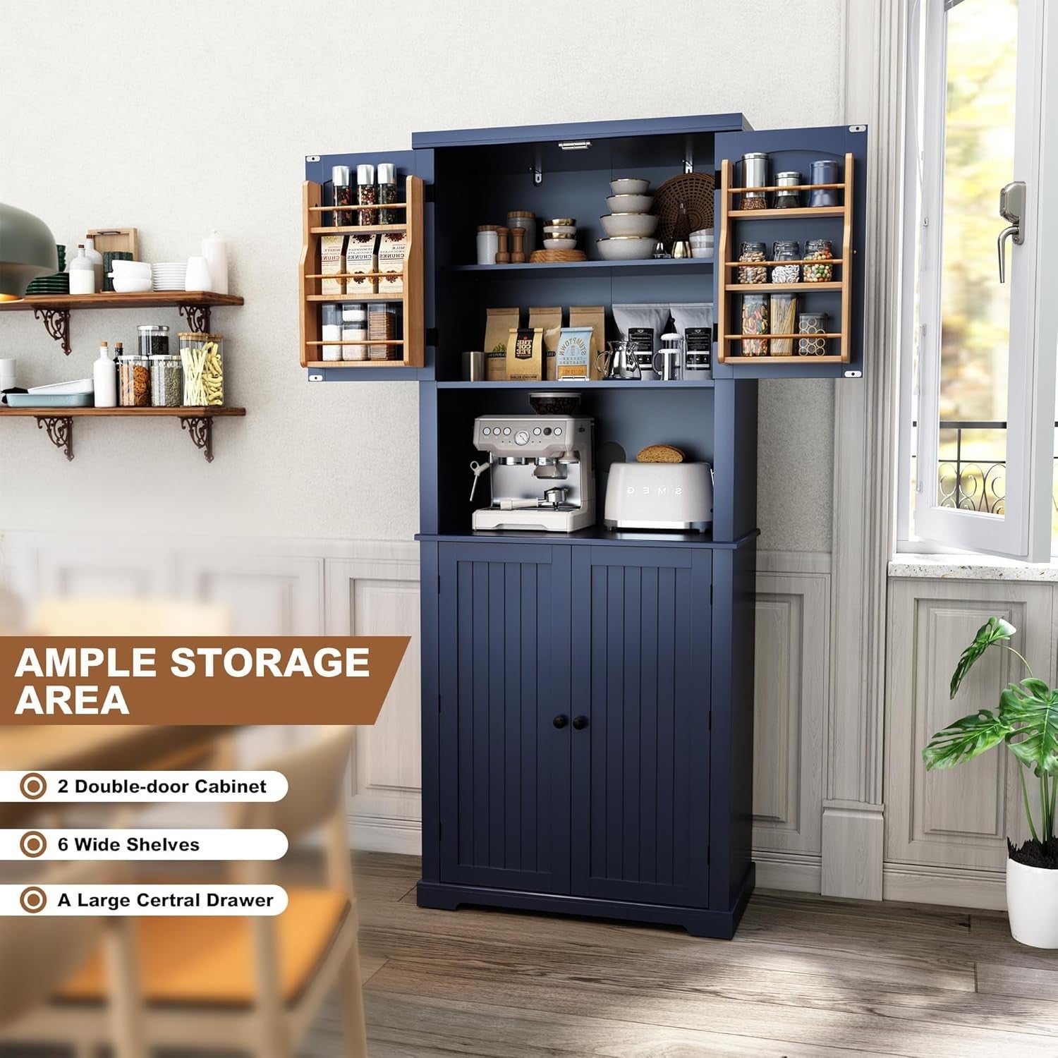 Blue Tall Kitchen Cabinet Pantry Cupboard 2 Doors Shelves 183cm