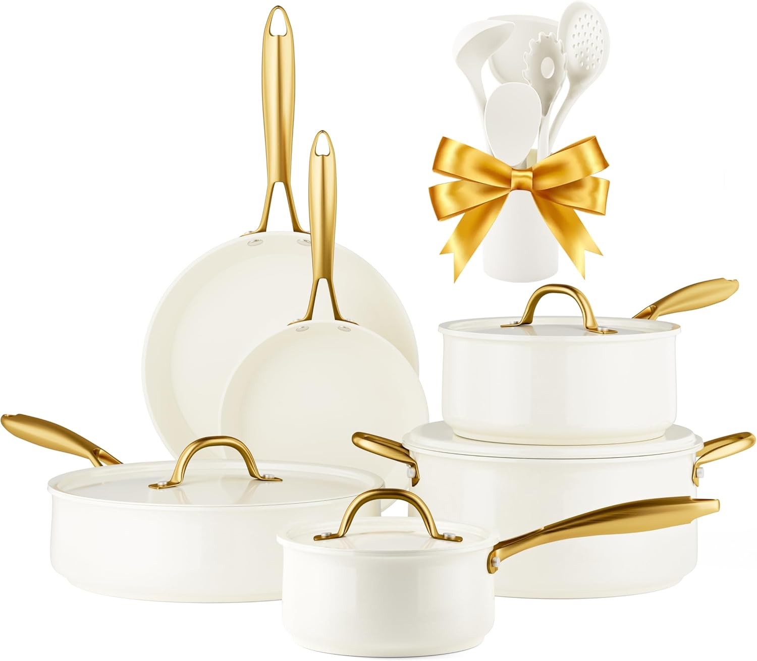 16Pcs Beige Ceramic Non Stick Cookware Set with Lids & Utensils Induction Safe