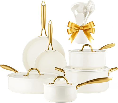 16Pcs Beige Ceramic Non Stick Cookware Set with Lids & Utensils Induction Safe