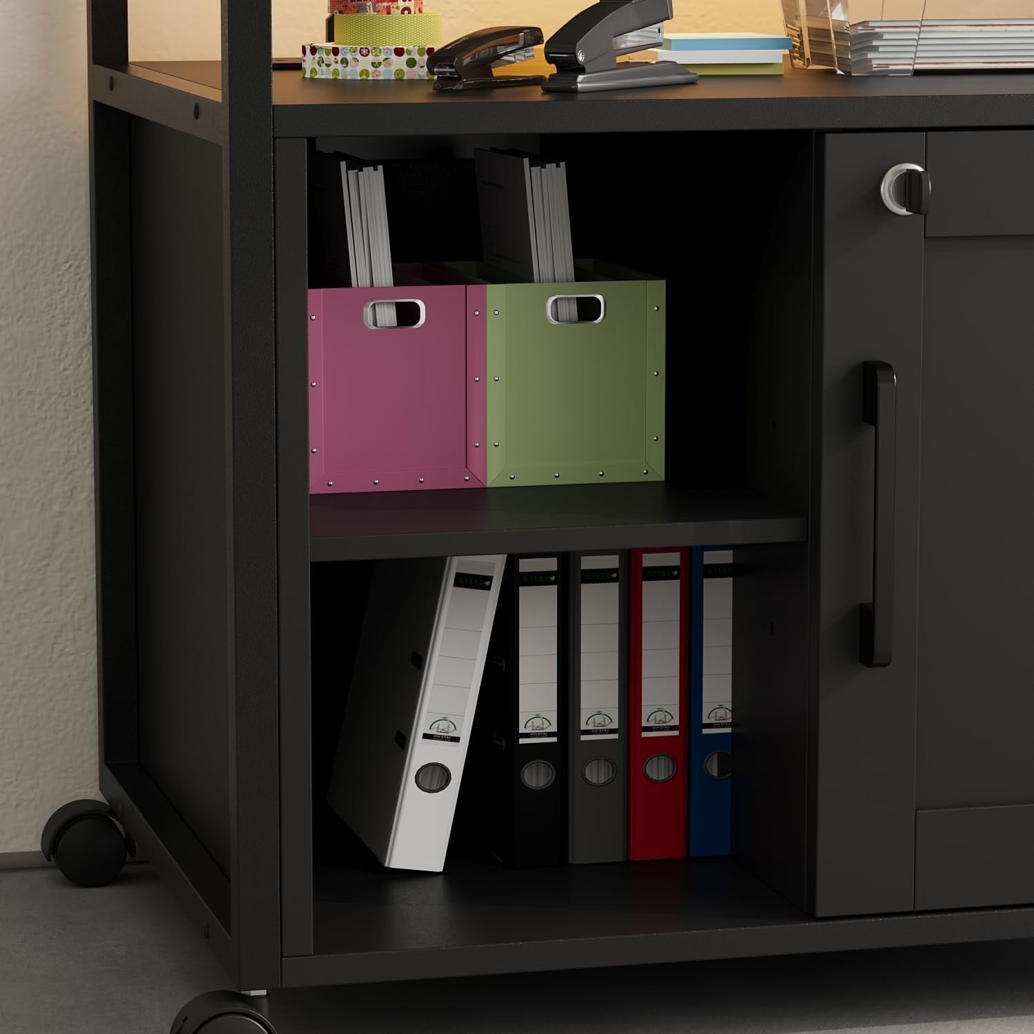 Black LED Mobile File Cabinet 65cm Lockable Printer Stand