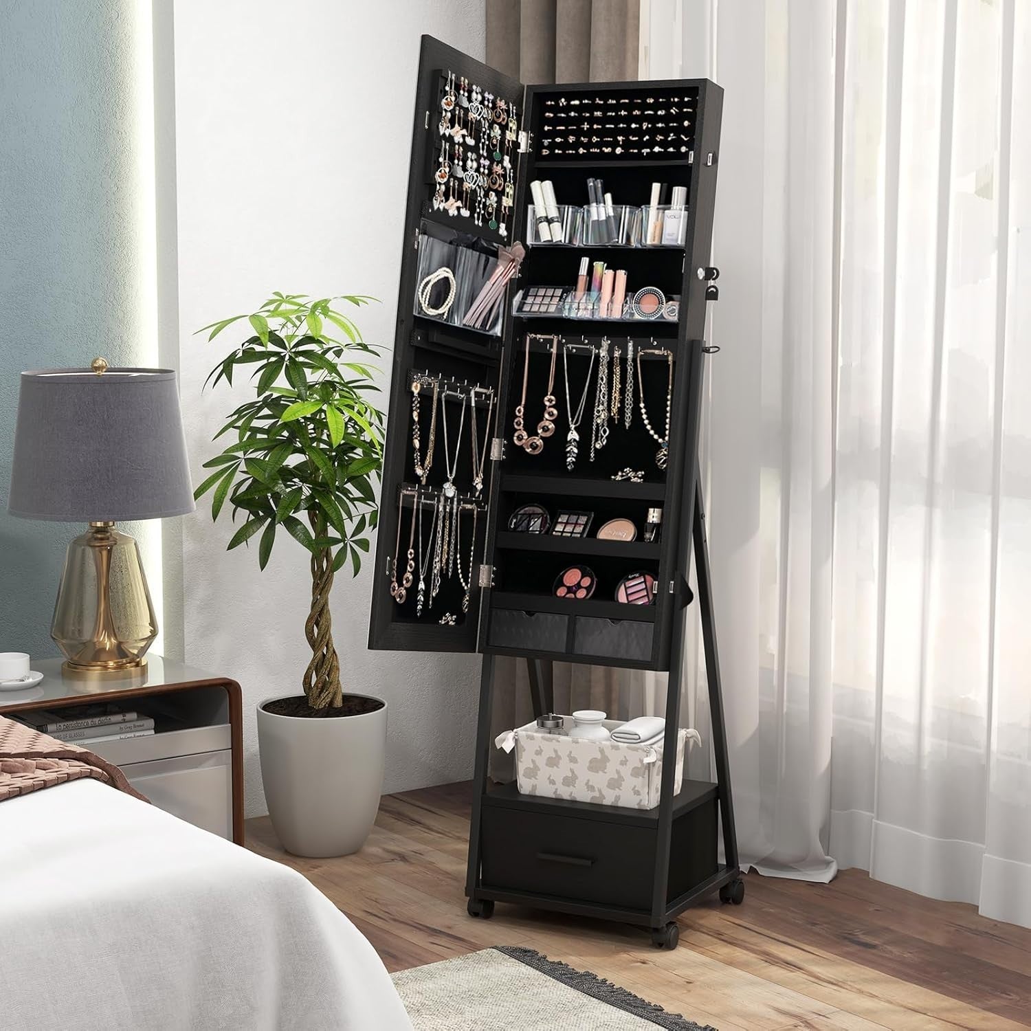 Mobile Jewelry Cabinet with Wheels Lockable Full Length Mirror Storage