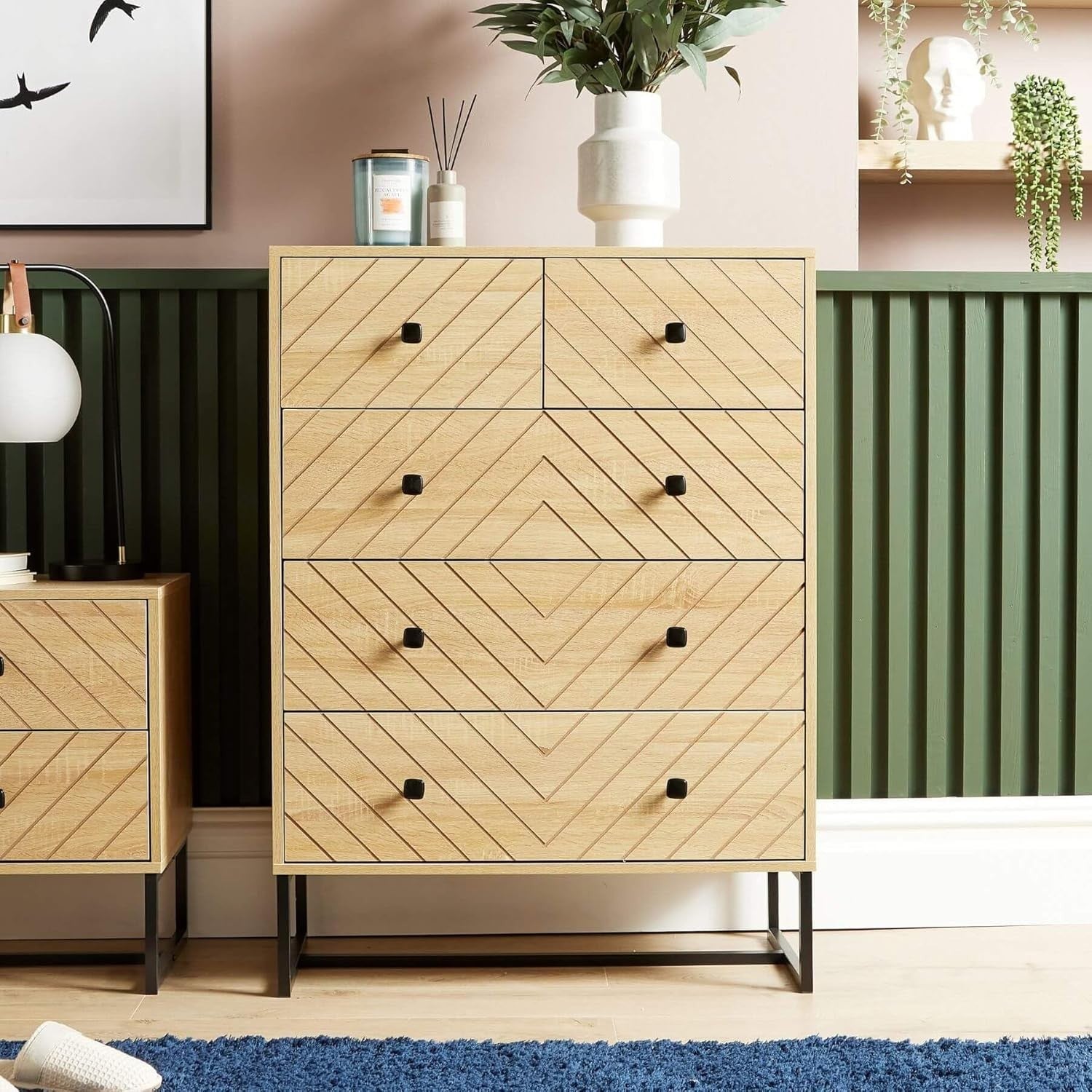 Modern Oak 5 Drawer Chest | Tall Bedroom Storage Unit | Slim Wood Dresser