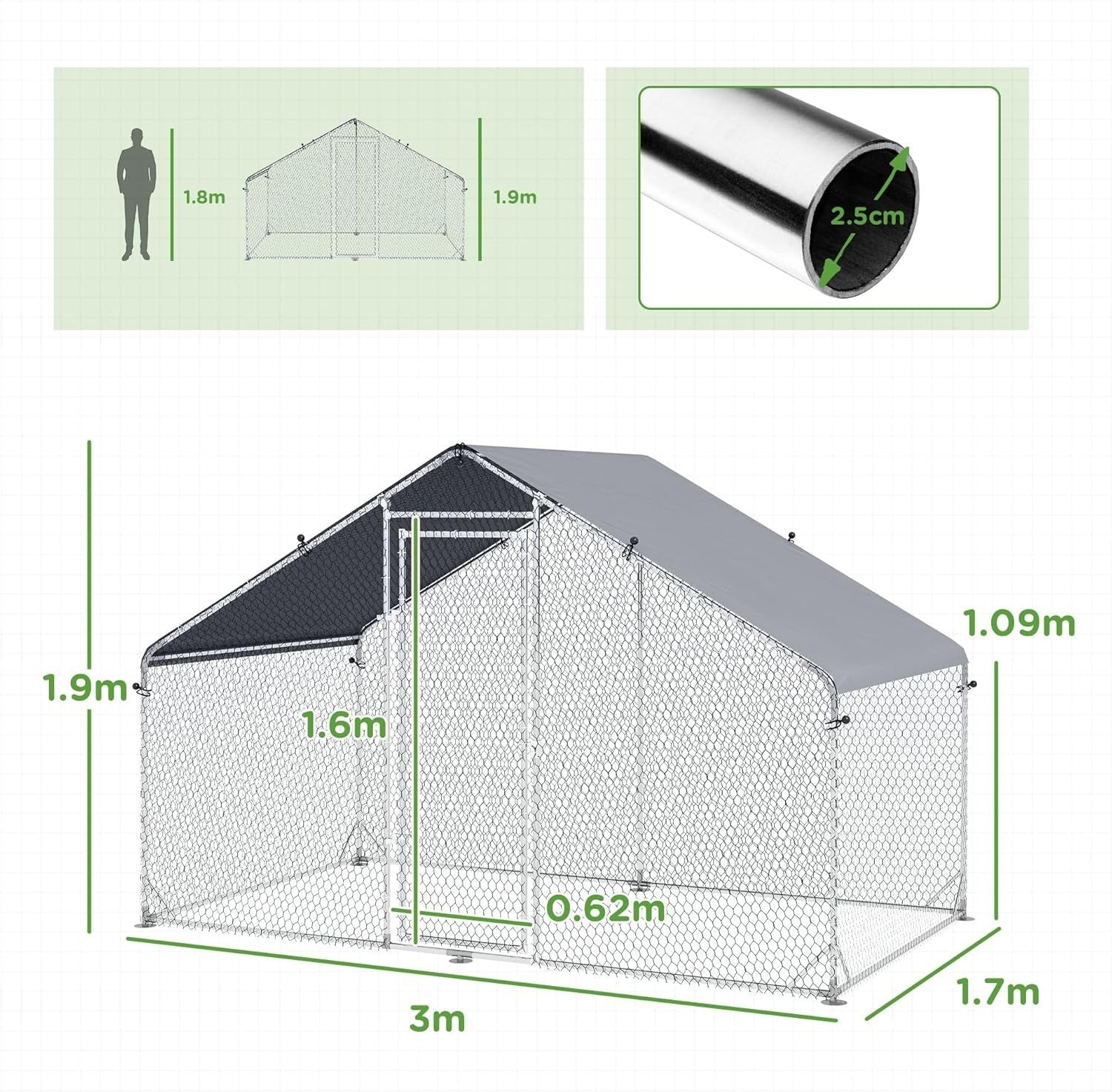 Walk In Galvanised Chicken Run Outdoor Enclosure with Cover 3–5 Hens