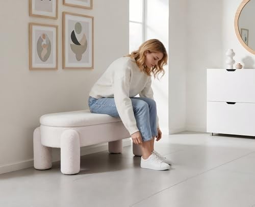 chairus Upholstered Storage Ottoman Faux Fur Window Bench, White